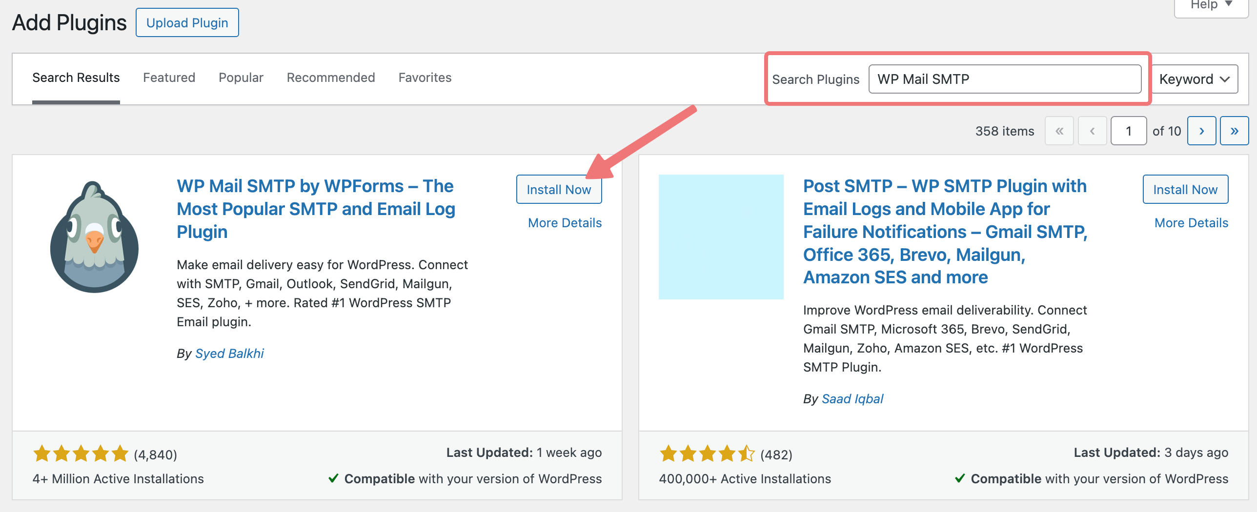WP Mail SMTP plugin search result