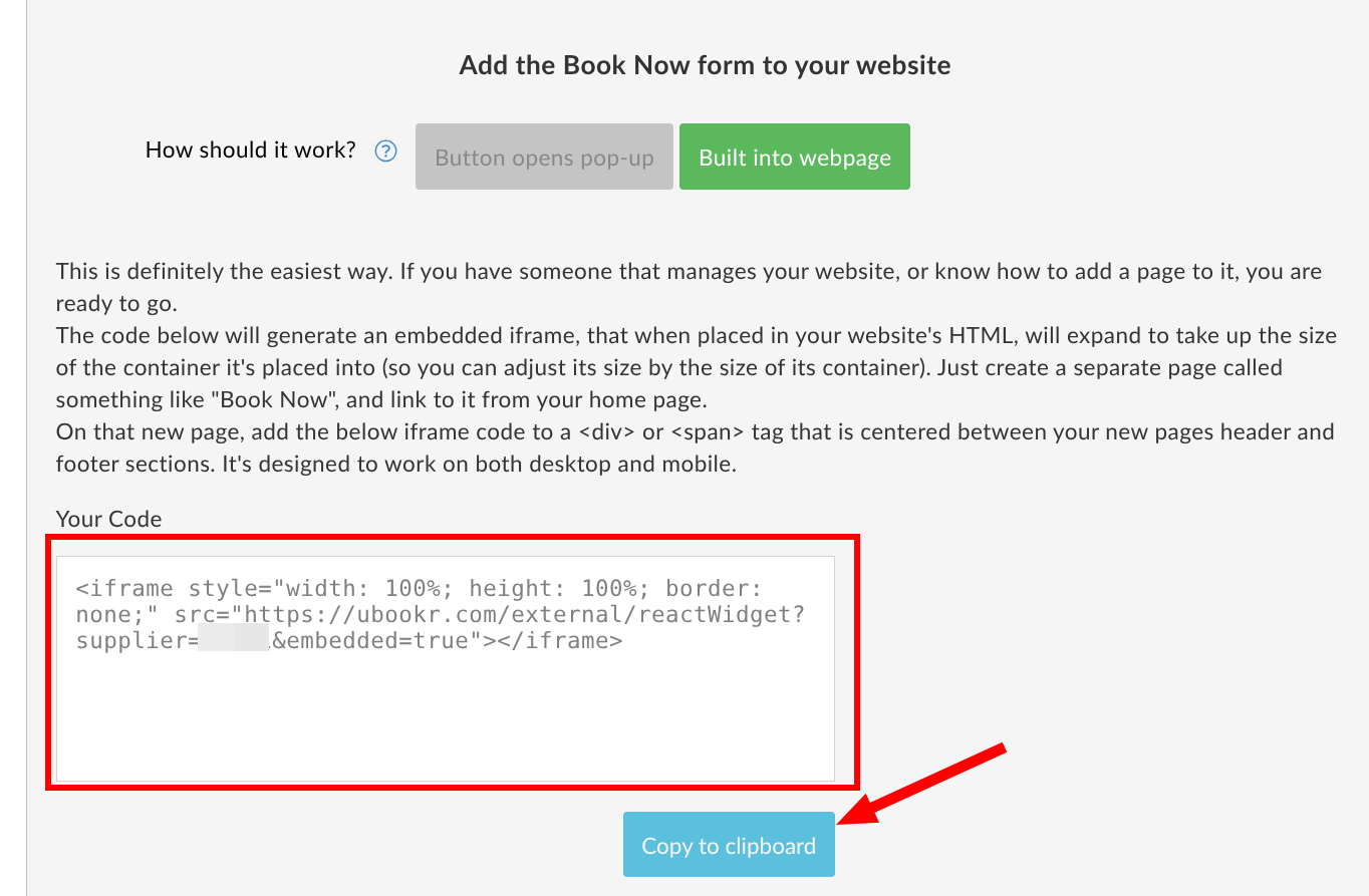 Embedded booking form code for website builders