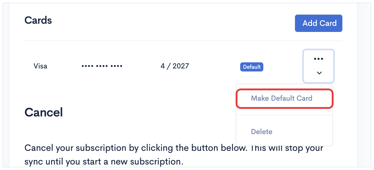 The card menu open, with Make Default Card highlighted