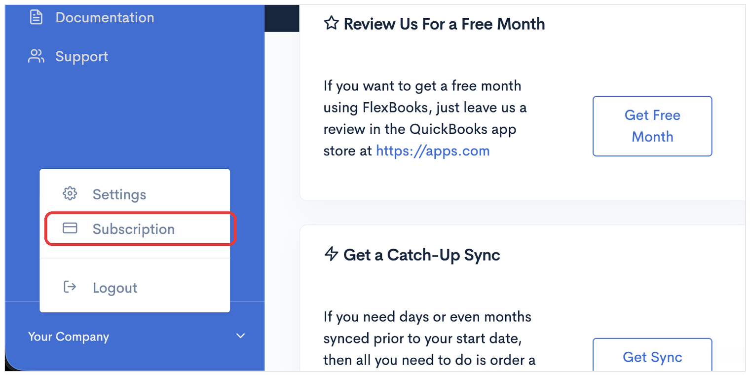 The Your Company menu open, with Subscription highlighted