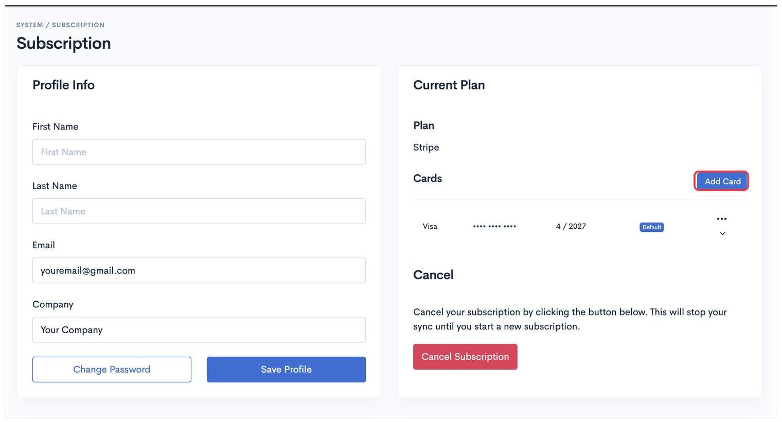 The Subscription page with the Add Card button highlighted
