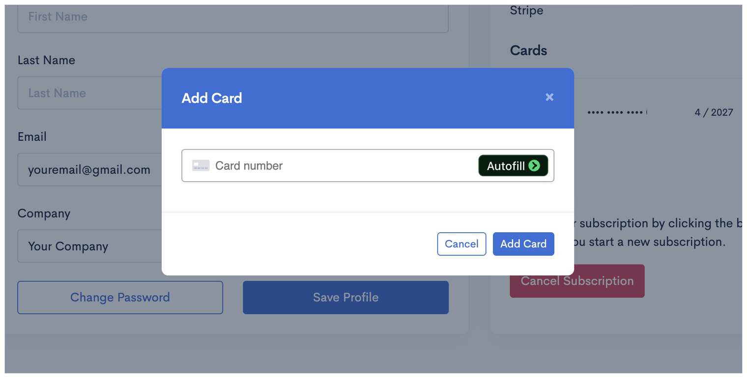 The Add Card window with the card number field