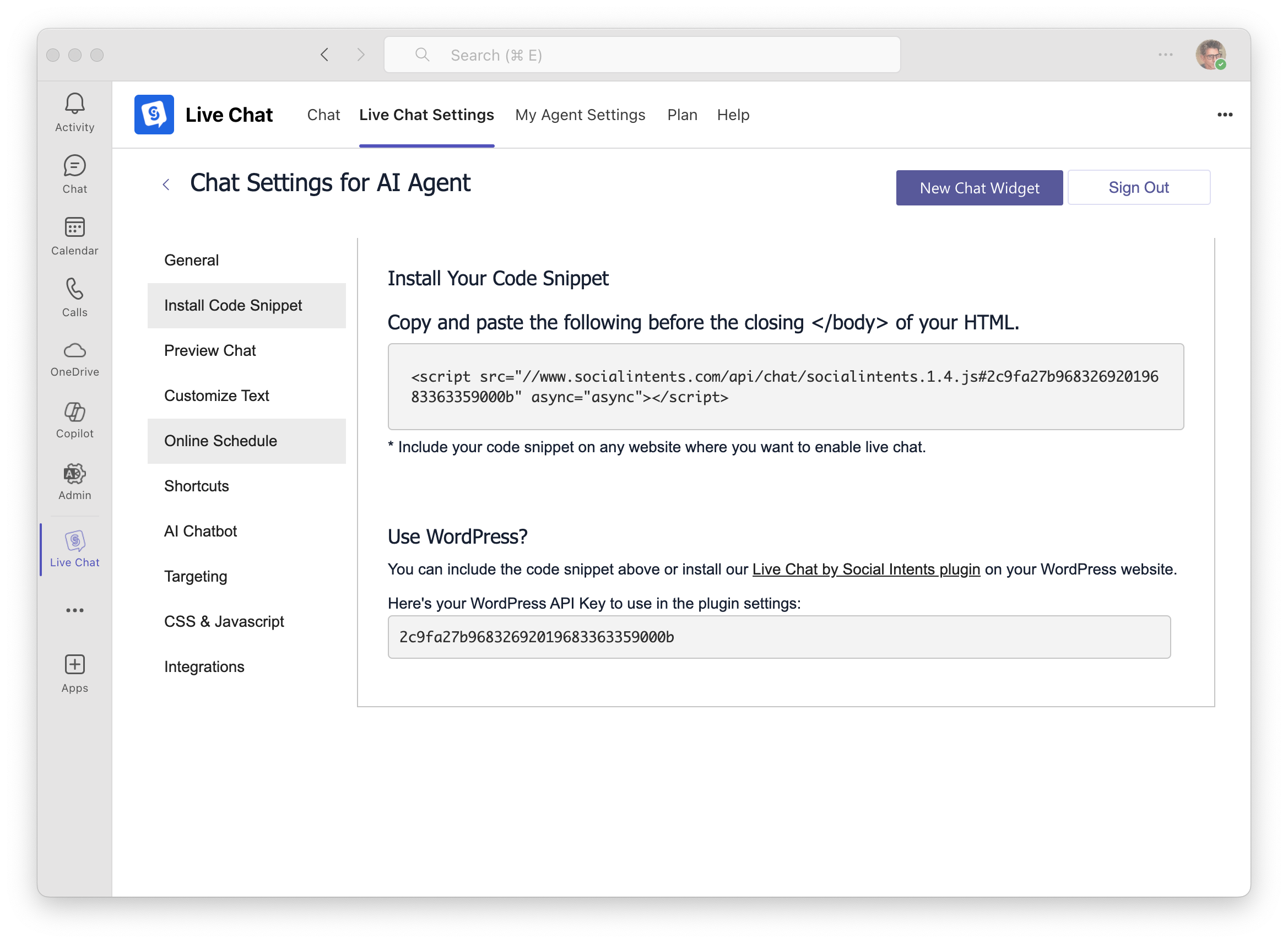 MS Teams Live Chat Code Snippet