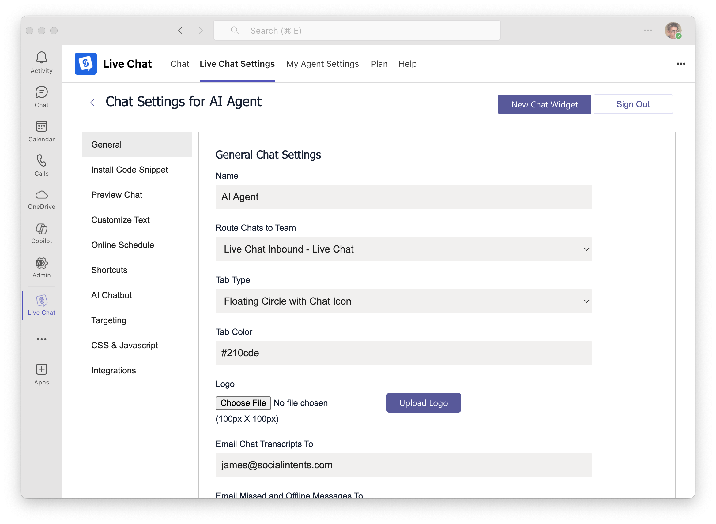 Microsoft Teams Live Chat Settings