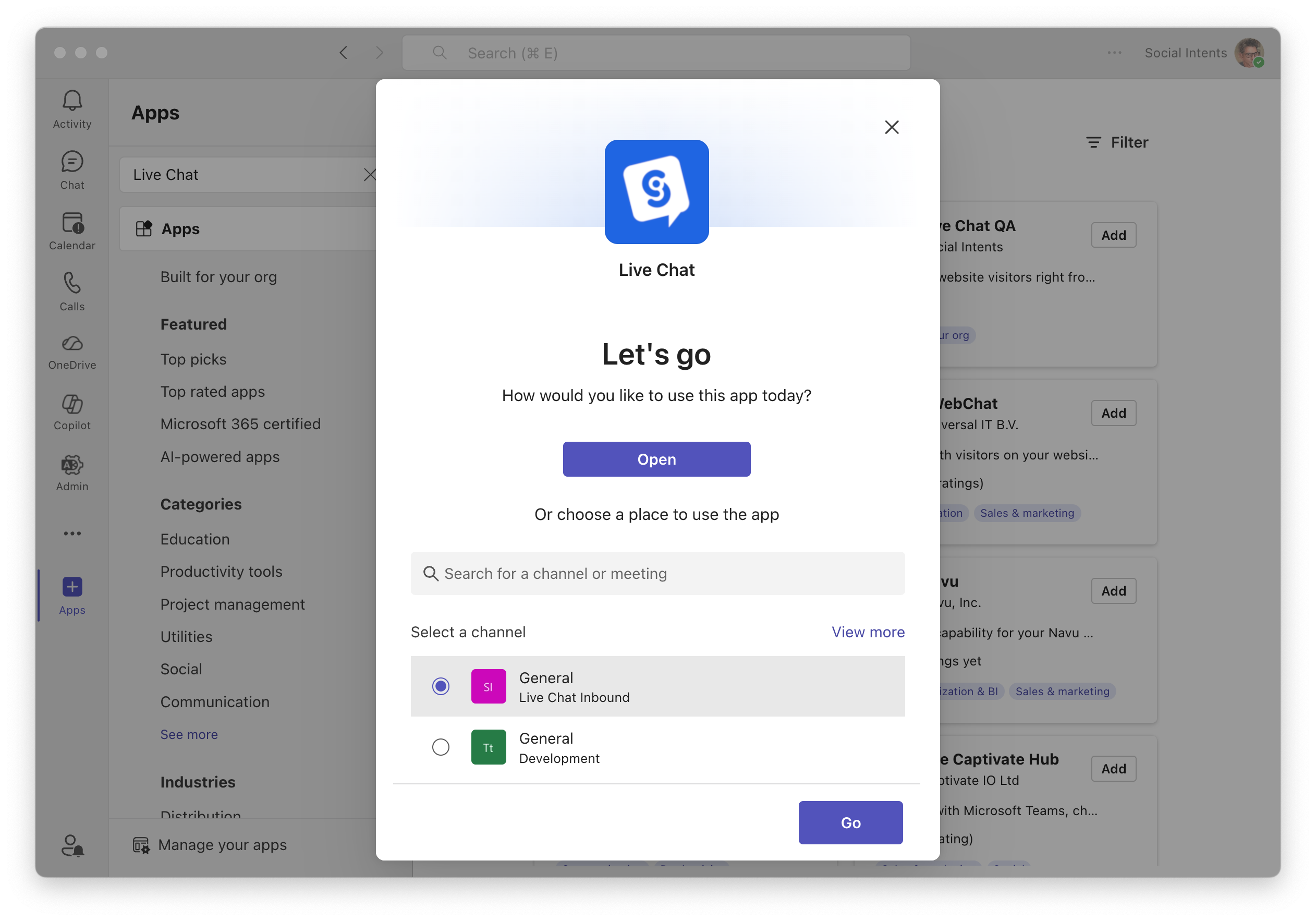 Choose the Channel to add the App to