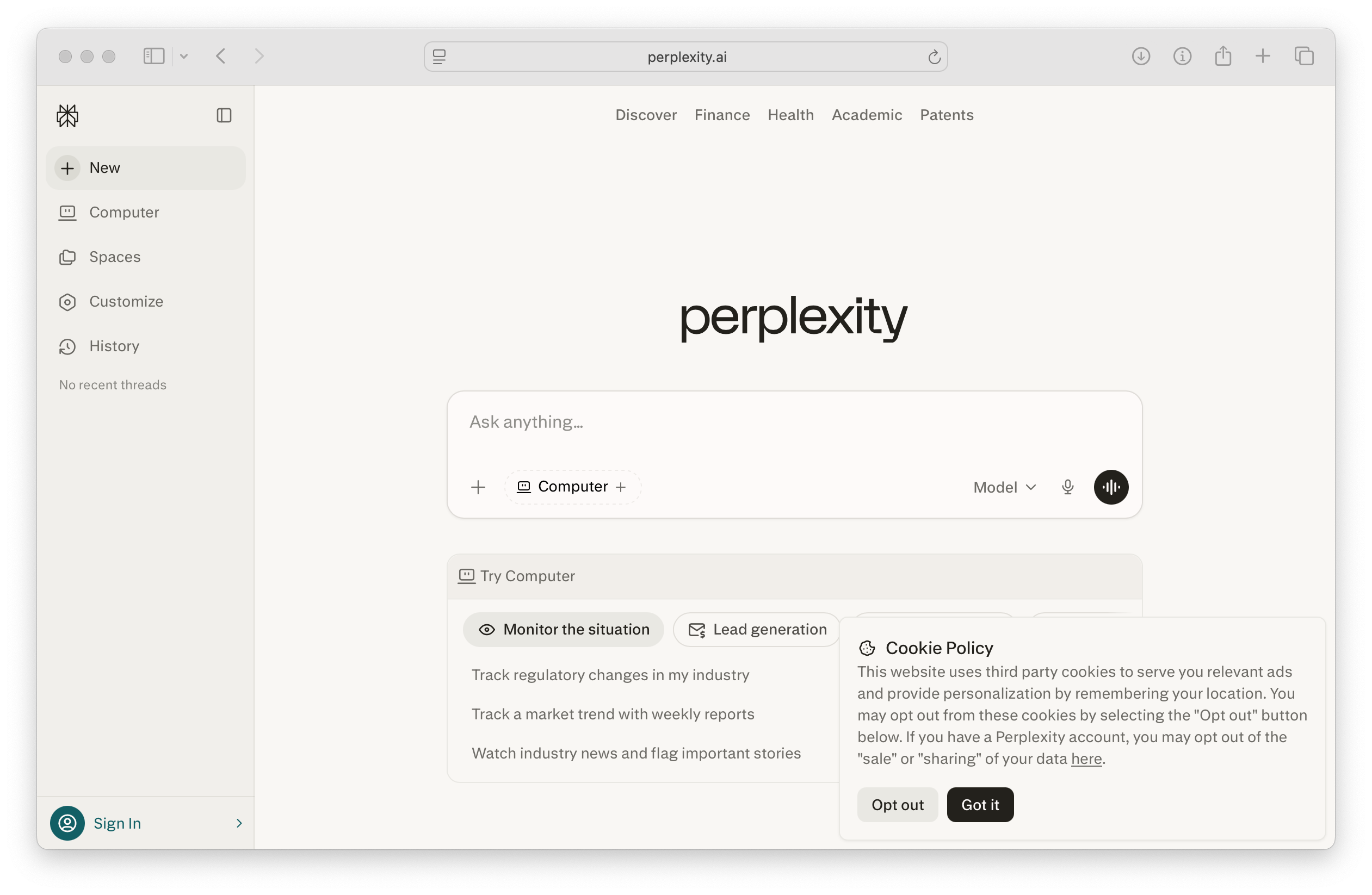 Perplexity.ai Home Page