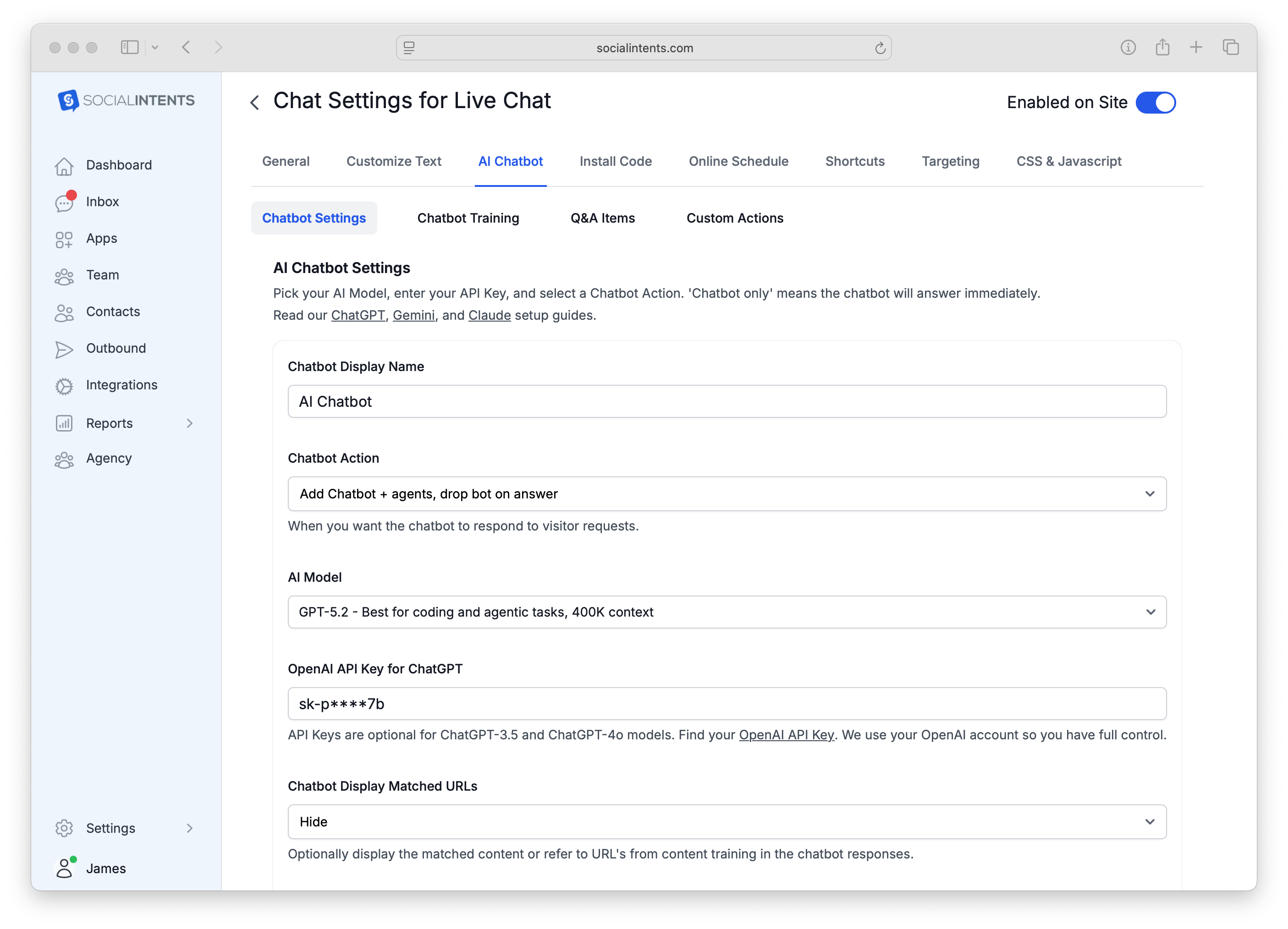 ChatGPT Chatbot Settings Page