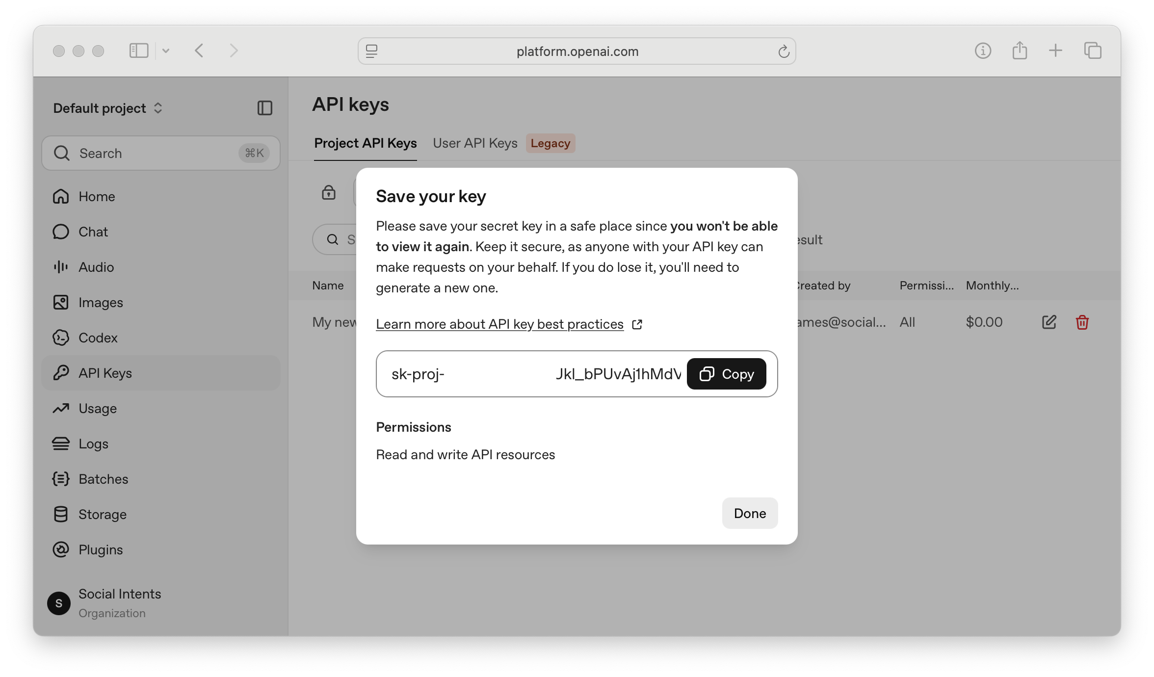 Copy and Save API Key