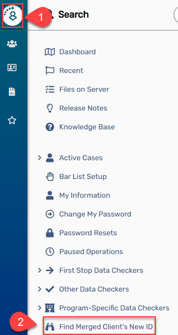 screenshot of the home workspace, highlighting the Find Merged Client's New ID form