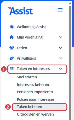 De rubriek Taken en interesses met Taken beheren