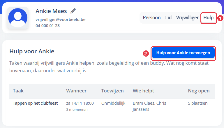 De tab Hulp op de persoonsfiche