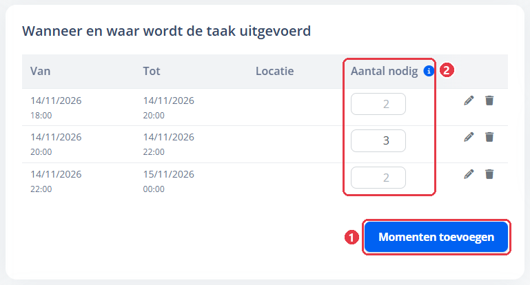De momenten van een taak met Aantal nodig