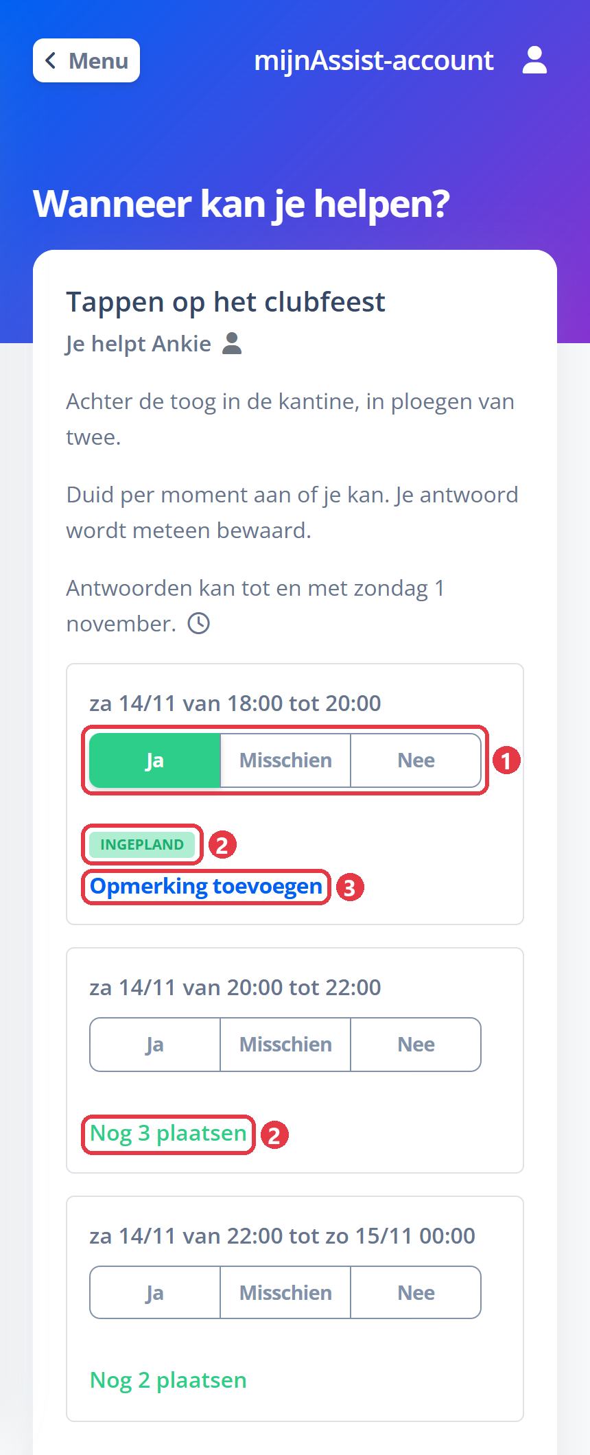 De pagina Wanneer kan je helpen? in mijnAssist