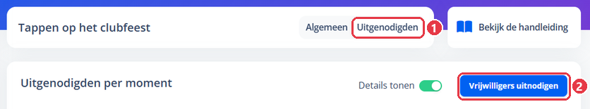 De tab Uitgenodigden en de knop Vrijwilligers uitnodigen