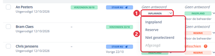 Een status kiezen in een cel van de tab Uitgenodigden