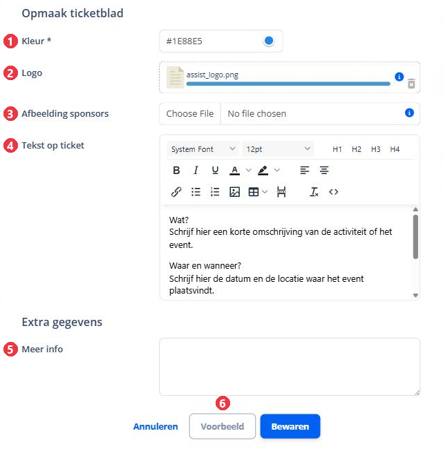 De opmaak van het ticketblad: kleur, logo, afbeelding sponsors en tekst op ticket