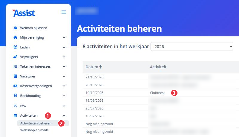 De rubriek Activiteiten met Activiteiten beheren en de naam van de activiteit