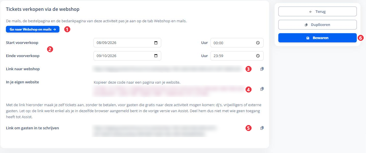 De kaart Tickets verkopen via de webshop met de voorverkoop en de links