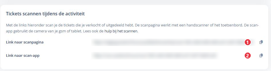 De kaart Tickets scannen tijdens de activiteit met de twee scanlinks