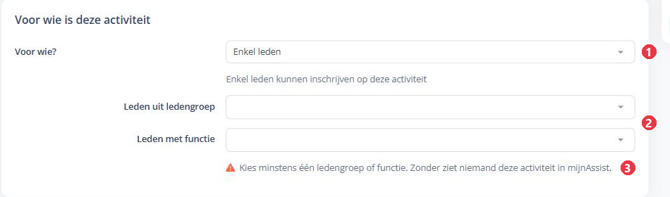 De kaart Voor wie is deze activiteit, met ledengroep en functie