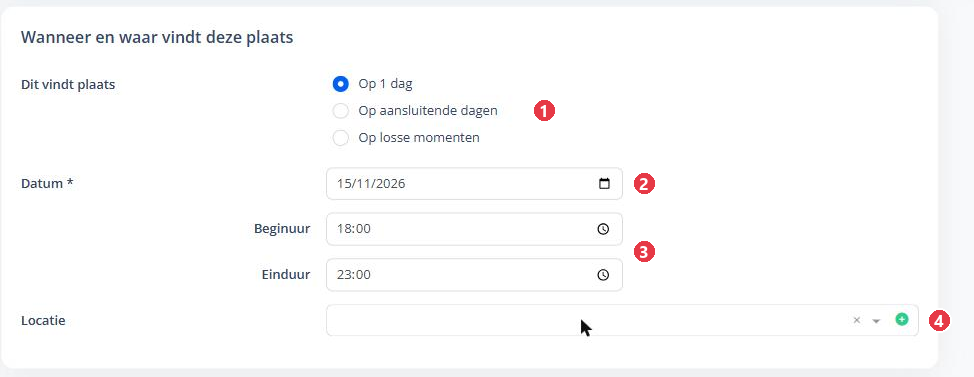De kaart Wanneer en waar, met de keuze tussen 1 dag, aansluitende dagen en losse momenten