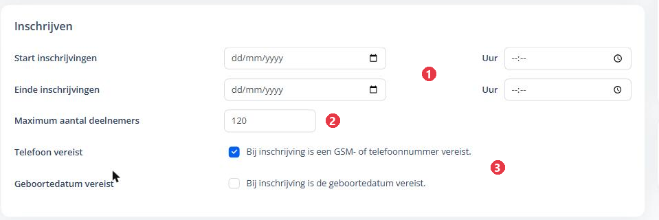 De kaart Inschrijven met de periode, het maximum en de vereisten