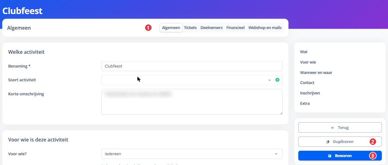 De fiche van een bestaande activiteit met de tabbalk en de knoppen rechts