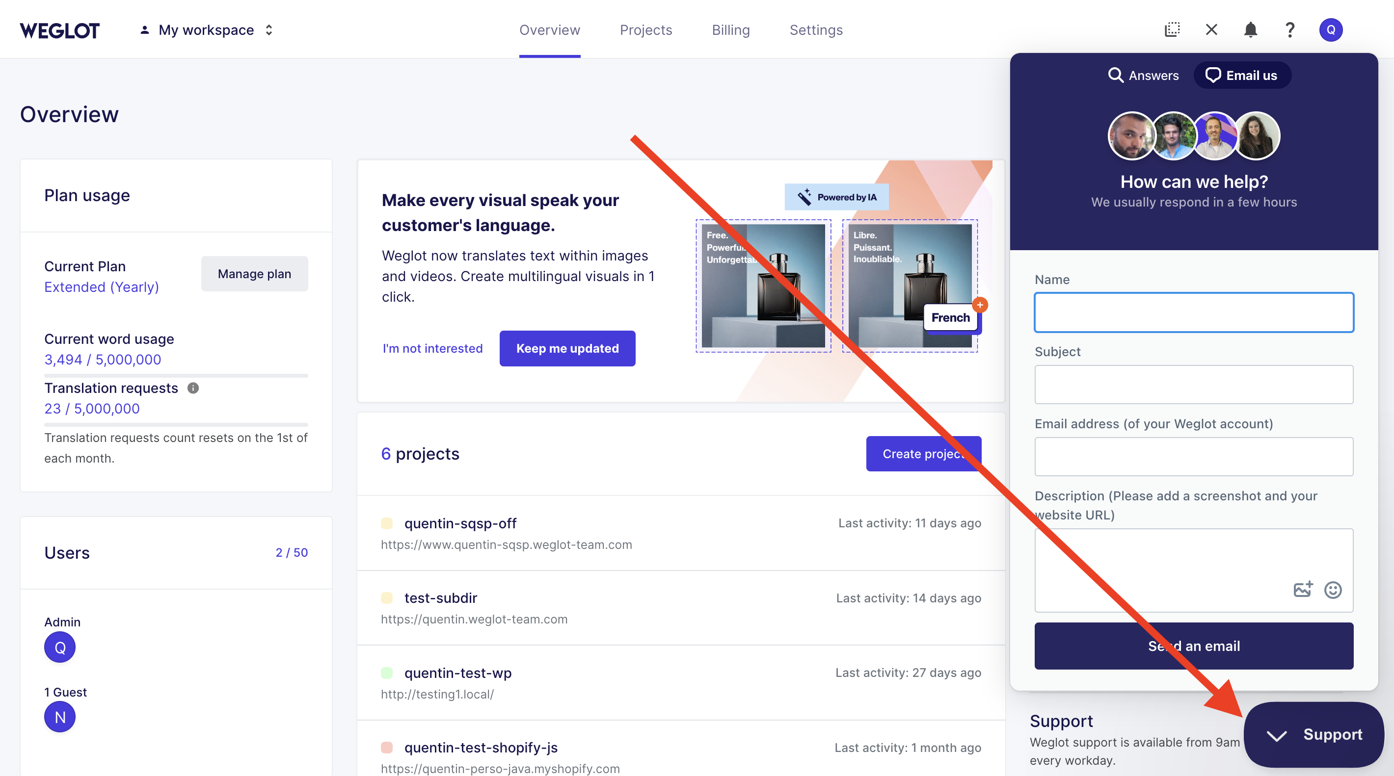 Botão «Suporte» no Painel de Controlo do Weglot