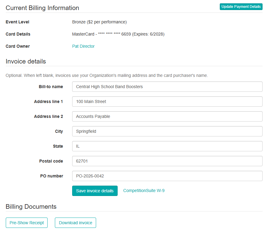 Billing Information page showing the Invoice details section and the Download invoice button