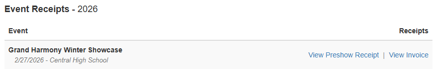 Event Receipts report showing a View Invoice link next to an event