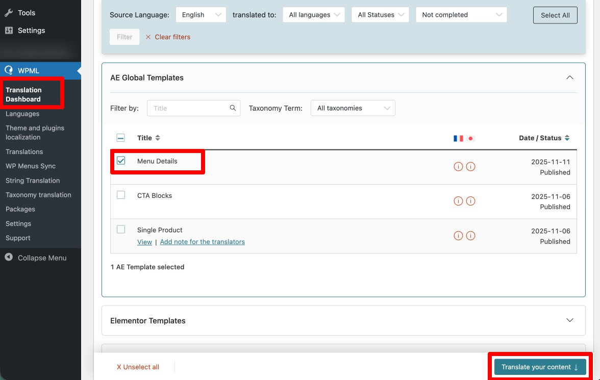 Select AE Template to Translate