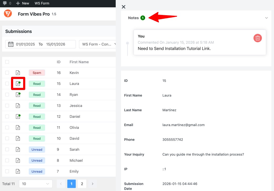 Form Vibes: Display Added Note