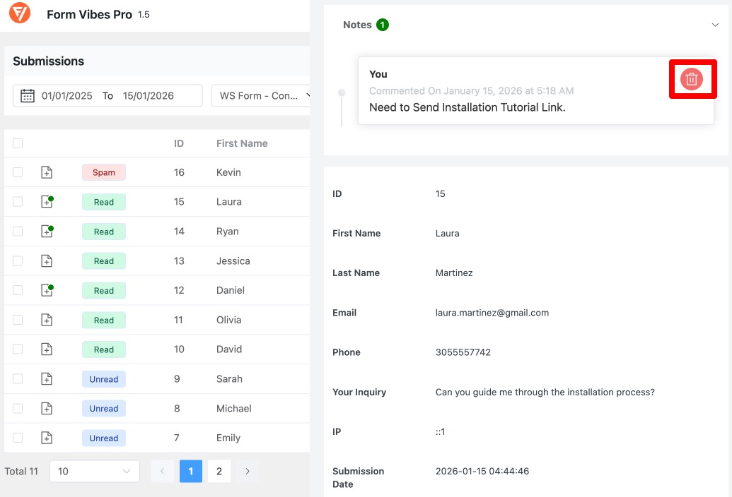 Form Vibes: Delete Note