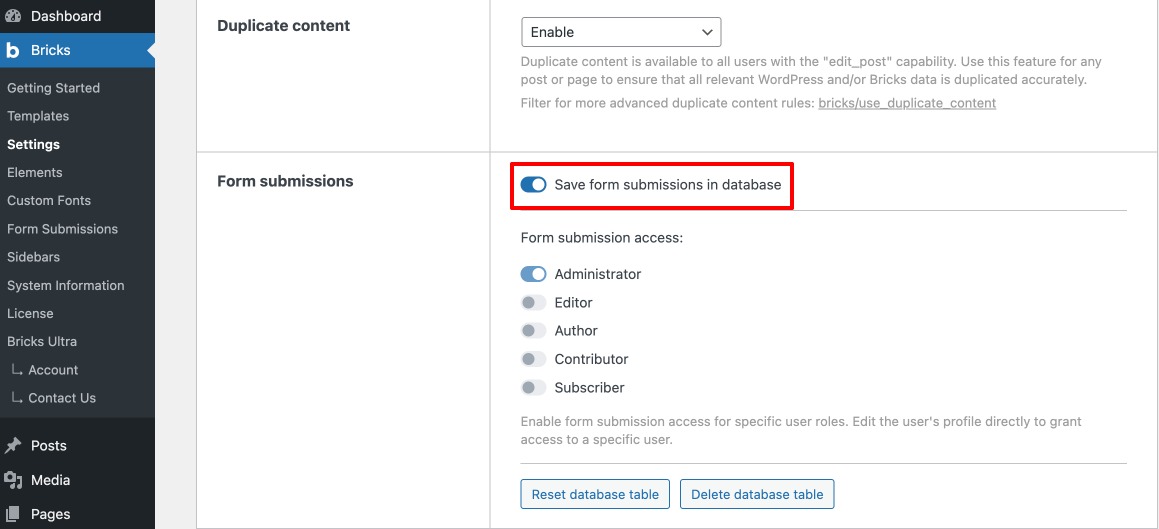 Enable Save Form Submission Settings in Bricks Builder