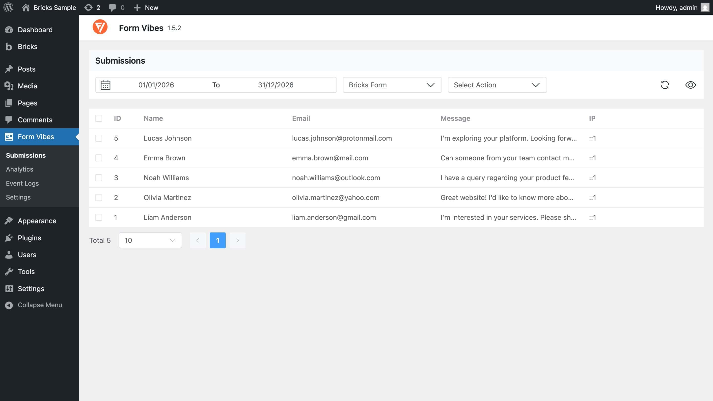 View Bricks Builder Form Submission in Form Vibes
