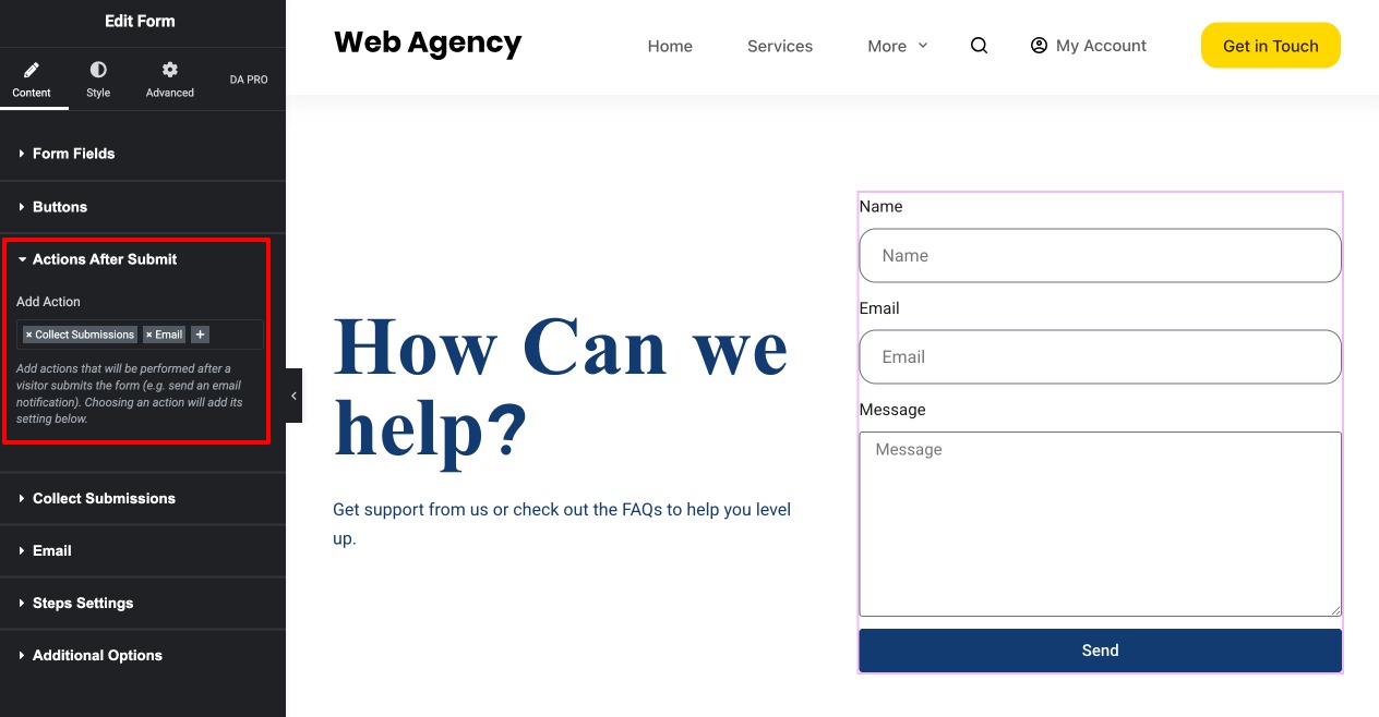 Set Action After Submit Settings