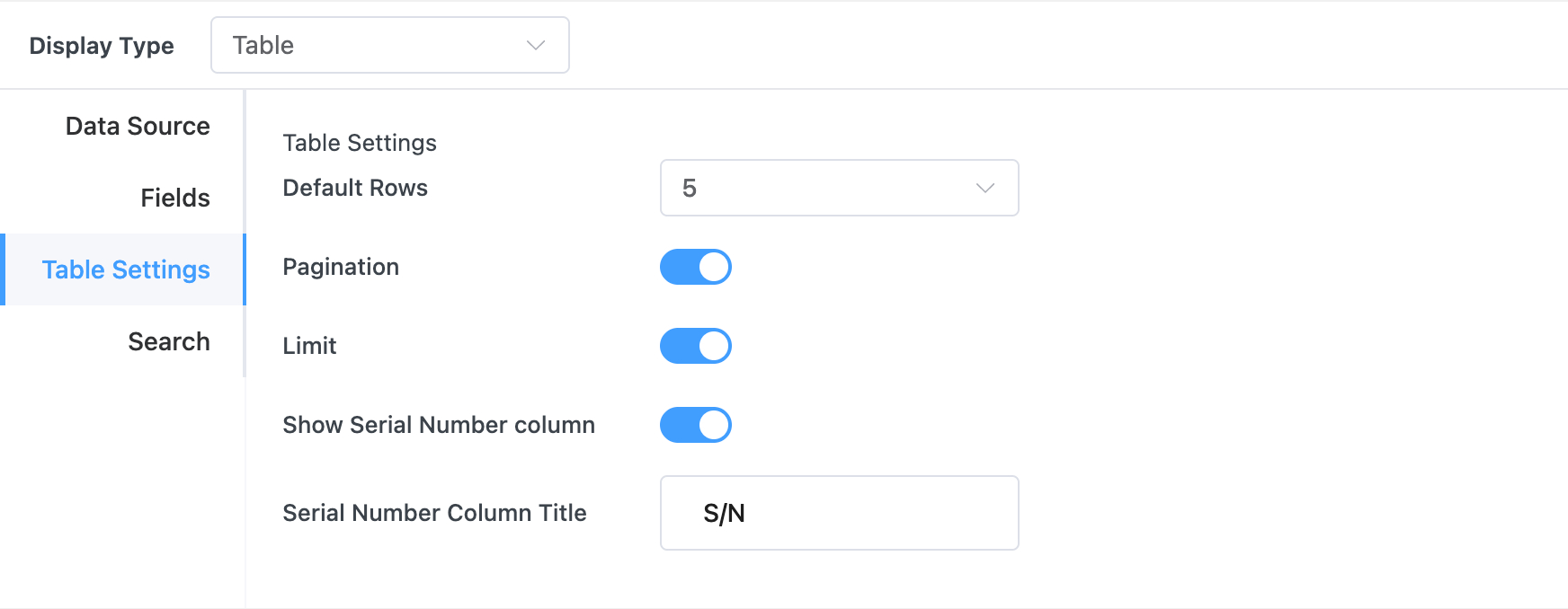 Table Settings tab
