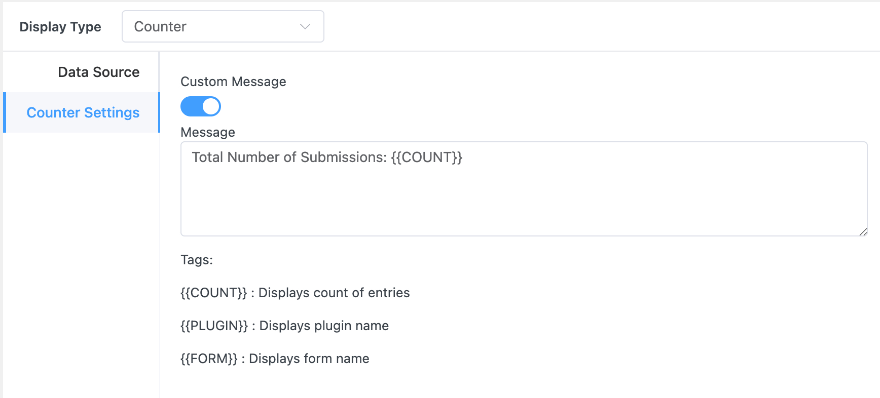 Counter Settings tab showing custom message and tags