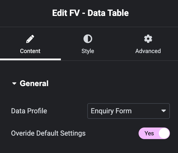 FV - Data Table General Settings