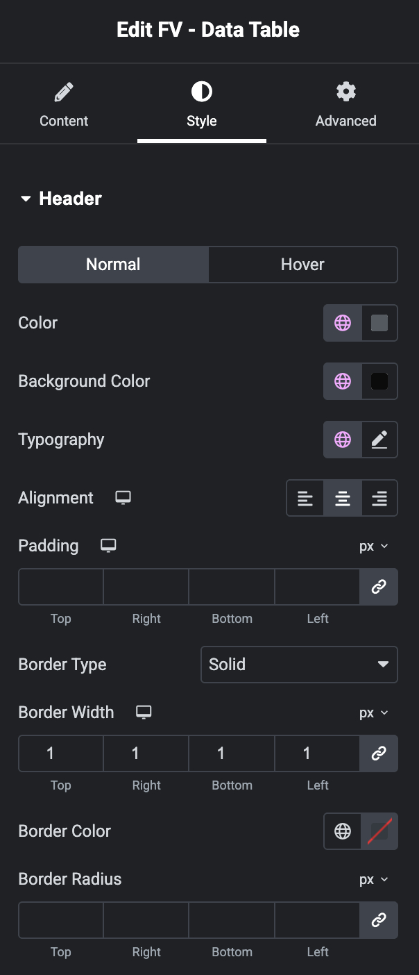 FV - Data Table Header Style Settings