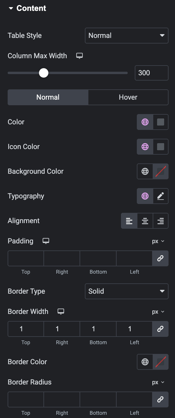 FV - Data Table Content Style Settings