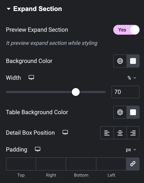 FV - Data Table Expand Section Style Settings