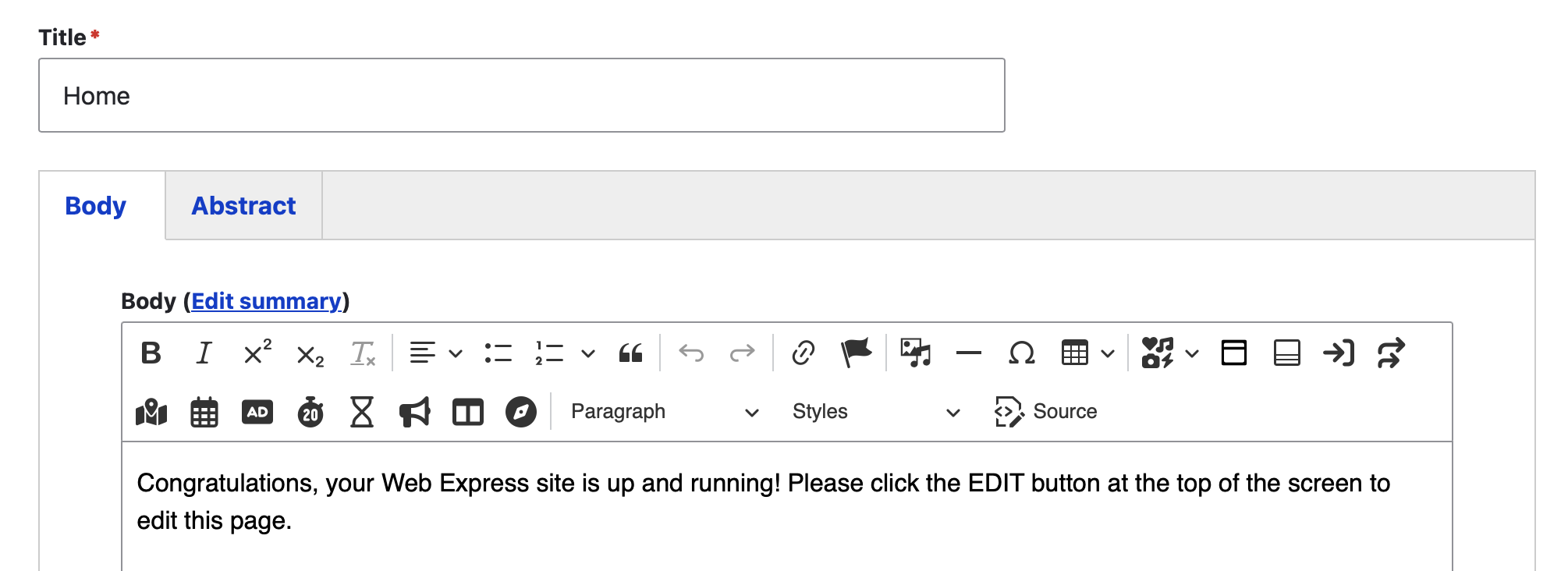 Screenshot of the body field, containing the homepage default content.