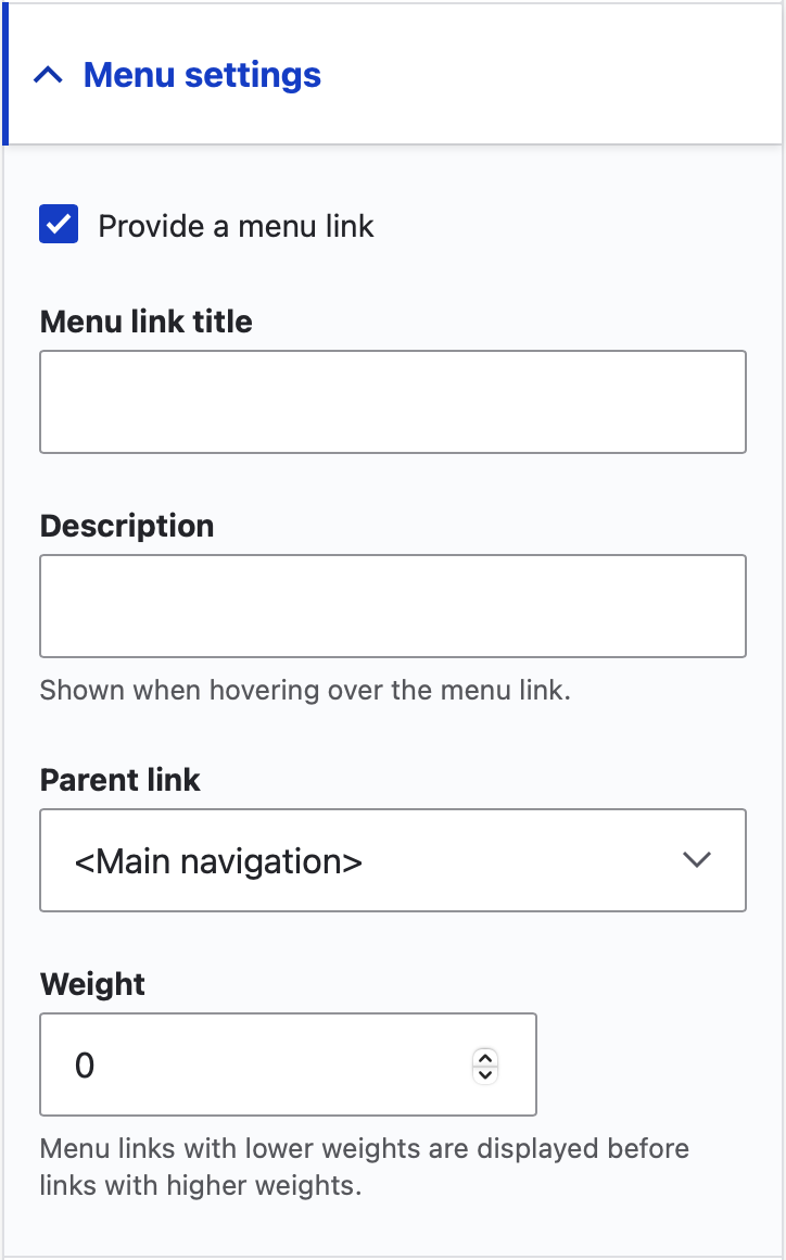 A screenshot of the menu link configuration options for a web page in Web Express.