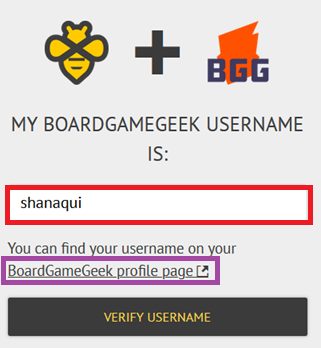Text and icons say: "Beeminder + BoardGameGeek: My BoardGameGeek username is..." followed by a box to enter your username, highlighted in red. Below that, text says "You can find your username on your BoardGameGeek profile page", and the words "BoardGameGeek profile page" link to your profile page and are highlighted in a purple box in the screenshot.