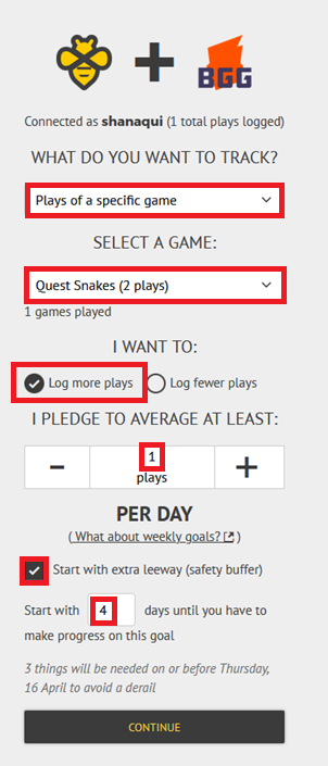 Icons show Beeminder + BoardGameGeek, and below that it says "Connected as shanaqui (1 total plays logged)." Below that, the question says "What do you want to track?", and there's a dropdown where you can choose "total plays (all games)" or "plays of a specific game". If you choose "plays of a specific game", another dropdown appears where you can select the game you want to track. Below that are the rate settings: "I want to" followed by radio buttons to "log more plays" or "log fewer plays", and "I pledge to average at least" with a text box to enter a number or stepper buttons to select your rate per day. Below you can click a button to start with extra leeway: if you do, an extra box appears to set how many days of leeway you want.