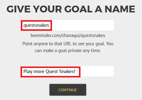"Give your goal a name", with a box below for adding the goal's name. Below the URL is shown, with the text "Point anyone to that URL to see your goal. You can make a goal private any time." Below that is a box to add a description of the goal.