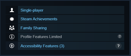 A small side bar with info like "Single player", "Steam achievements", "Family sharing", "Profile features limited" and "accessibility features"
