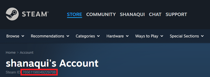 A screenshot from Steam showing where the Steam ID is, below the text "[username]'s account" and preceeded by the text "Steam ID:"