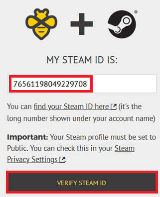 "Beeminder + Steam: my Steam ID is" followed by a box to enter your Steam ID. Below is a link to where you can find your Steam ID, and the reminder that your Steam profile must be set to public.
